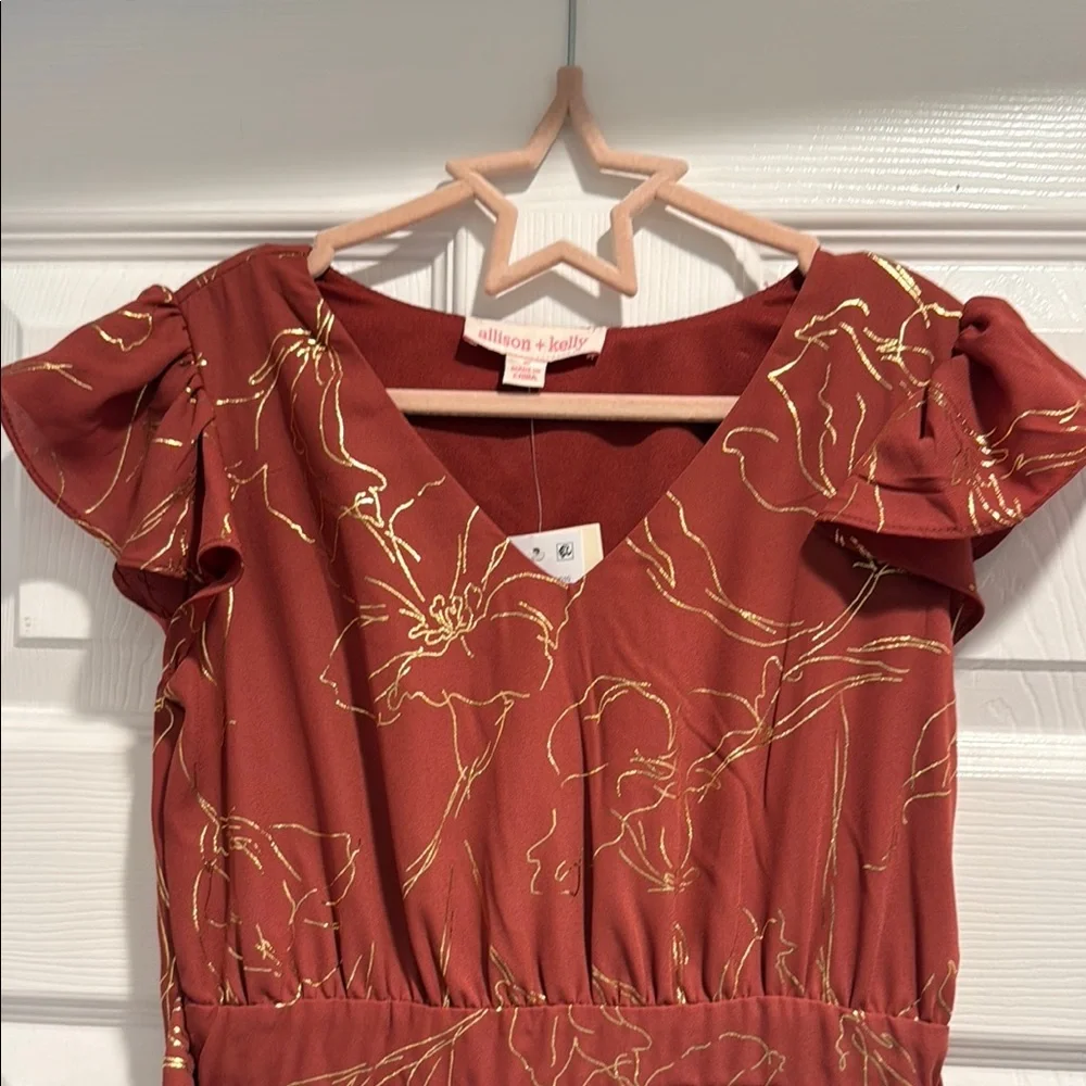 Kids 8 Chic Rust Dress with Gold Floral Accents, New with Tags!